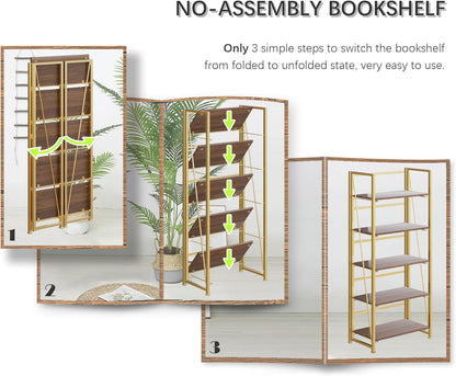 4NM No Assembly Foldable Bookshelf, 5-Shelf Collapsible Bookcase Storage for Small Spaces, 62.2" H, Brown and Golden