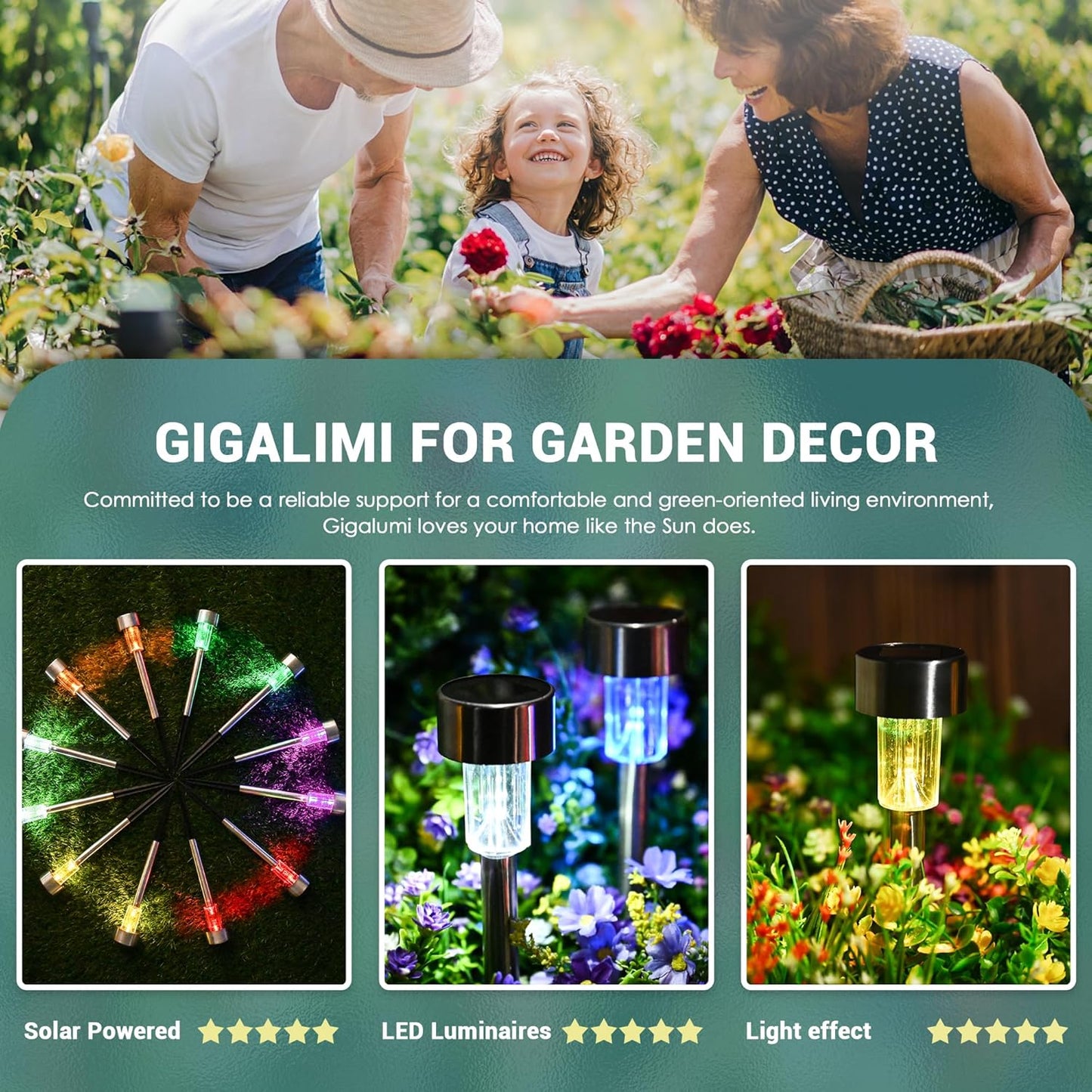 GIGALUMI Solar Lights Outdoor Waterproof, 12 Pack, Stainless Steel LED Solar Garden Lights for Patio, Lawn, Yard and Landscape, Garden Decor Patio Decor,Multicolor