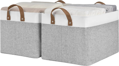 StorageWorks Storage Bins, Fabric Storage Bins for Shelves, Large Storage Baskets with Metal Frame, Closet Baskets and Bins with Handles, Gray and White, 2-Pack