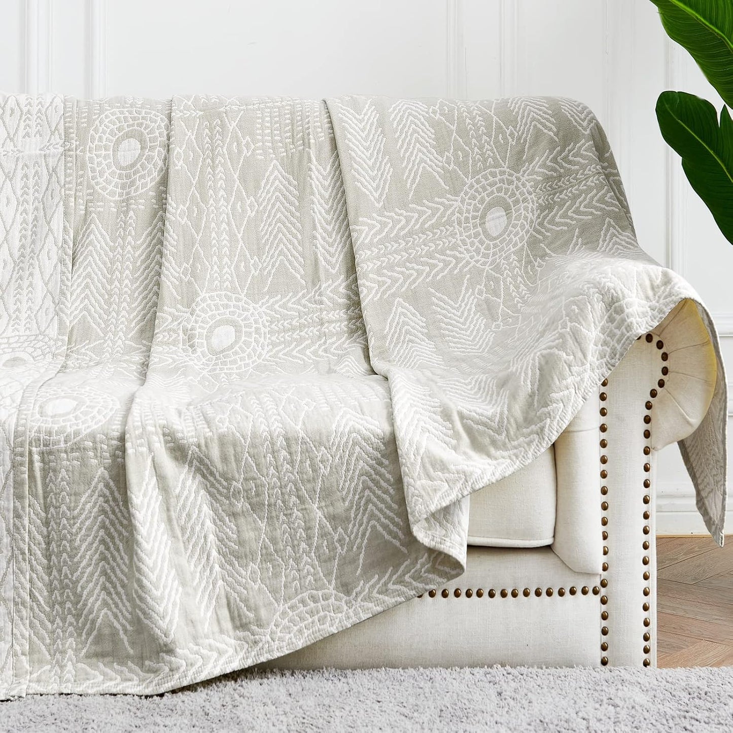 JINCHAN Boho 100% Cotton Muslin Blanket 3-Layer Queen Size 80x90 Inches Geometric Light Grey Lightweight Reversible Soft Comfy Throw for Couch Sofa Bed Coverlet Quilt Large Blanket Bedroom All Seasons