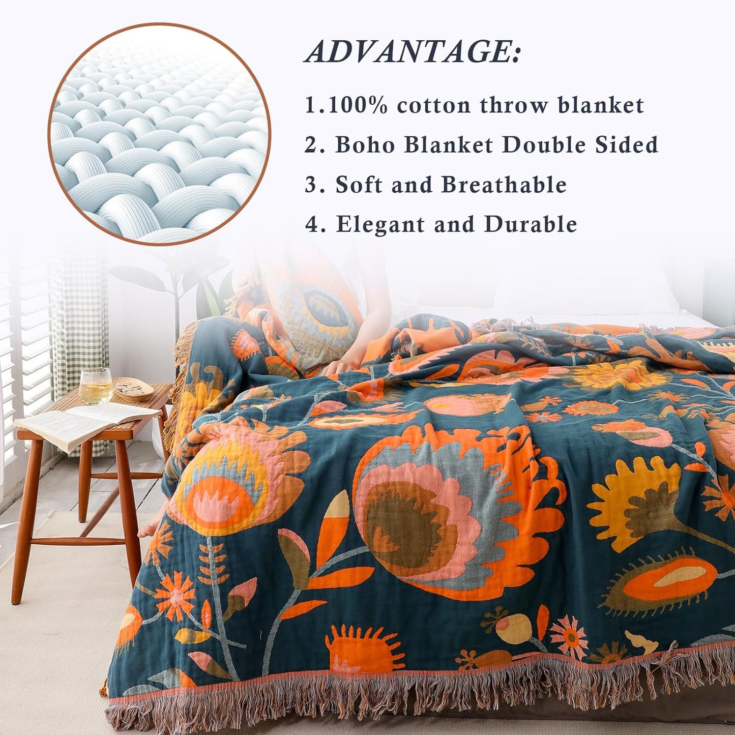 Snycler Boho Throw Blanket for Bed, 100% Organic Cotton Muslin Soft Throw-Orange Boho Floral Farmhouse Rustic Spring Summer Fall Decor Blanket for Couch Sofa Quilt and Gift, 60" x 80"