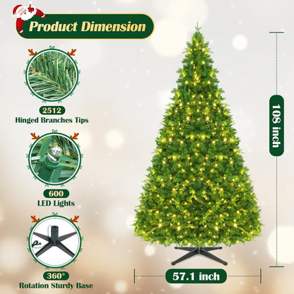 9FT Pre-Lit Christmas Tree with Remote Control, Multi-Color LED Lights, Musical Rotating Christmas Tree Stand, Easy Assembly in 3 Sections, Foldable Metal Stand for Home Holiday Decor