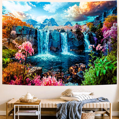 Delur Waterfall Tapestry Tropical Forest Mountain Sunset Tree Wall Hanging Tapestry Scenic Rainforest Landscape Nature Sunrise Headboard for Bedroom Living Room Home Decor (51.2" x 59.1")