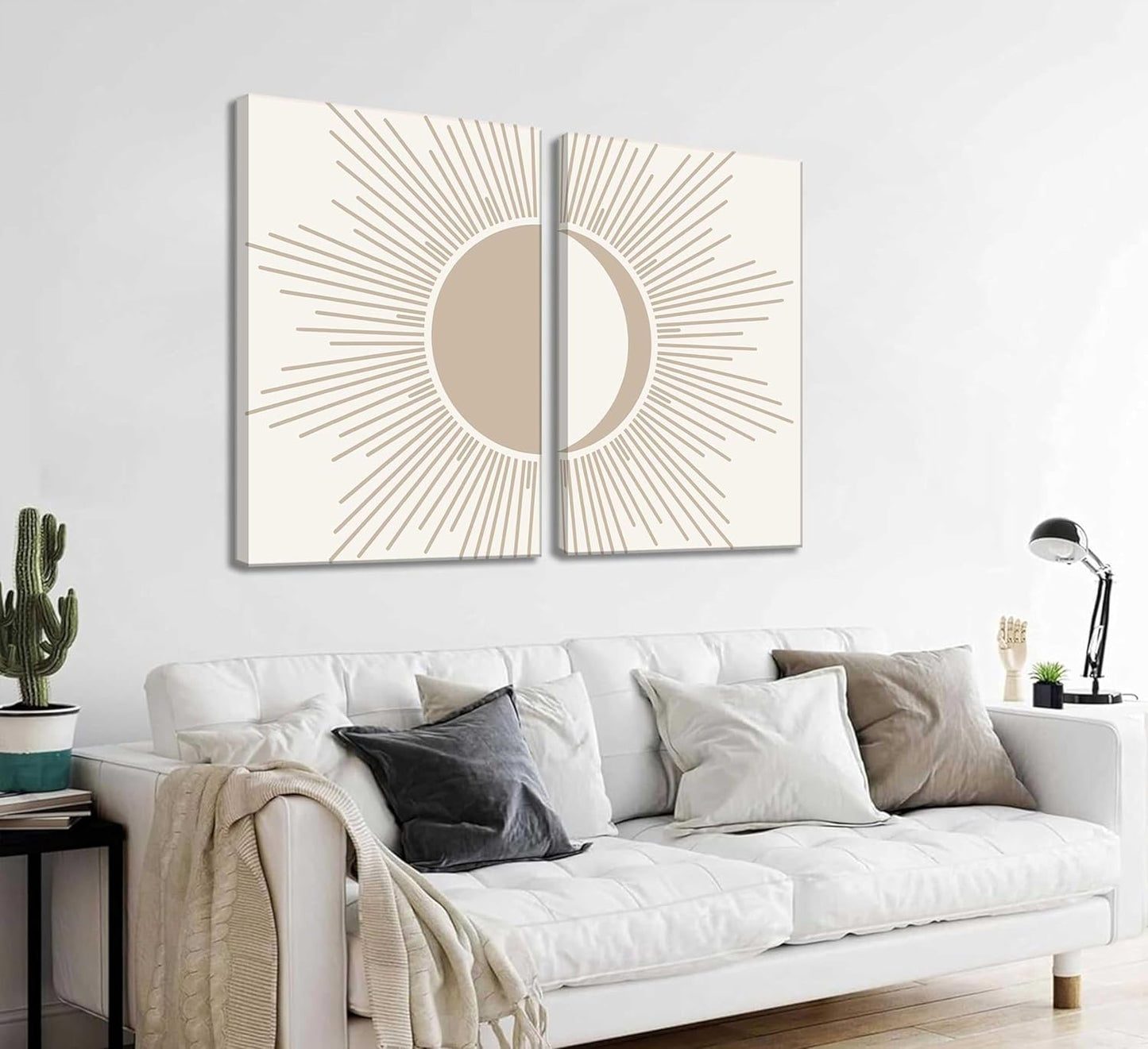 2Pcs Minimalism Boho Canvas Wall art Mid Century Modern Beige and White Sun and Moon Geometric Abstract Painting Pictures Wall Decor Posters Print Artwork for Bedroom Living Room Decoration