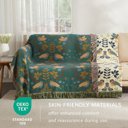 Boho Throw Blanket for Couch Sofa Bed, 100% Cotton Woven Quilt with Tassel 80”x90”, Super Soft Muslin Blanket with Bird Printed, Decorative Reversible Bed Blanket/Cover for All Seasons