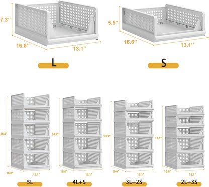 5 Pack Stackable Plastic Storage Basket Closet Organizer Bin Foldable Clothes Organizer Storage Drawer Shelf Container for Living room Bathroom Kitchen Office (2L+3S)