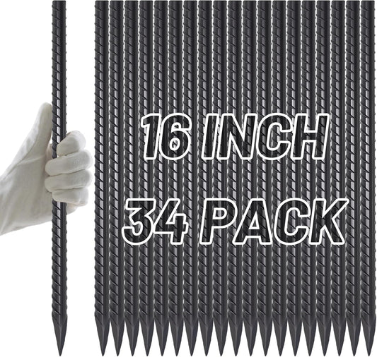 AAGUT Rebar Stakes 16 inch (34pcs) Heavy Duty 3/8” Ground Anchors Steel Garden Stakes Metal Straight Camping Tent Spikes with Chisel Point End for Hard Soil, Black Powder Coated