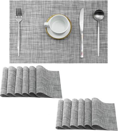 Leetaltree Linen Grey Placemats Set of 12 - Heat Resistant Non-Slip Place mats for Dining Table, Washable Durable PVC Vinyl Woven Table Mats（Linen Grey, 12）