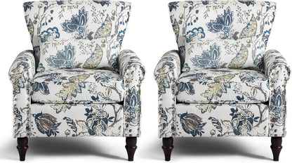 Wingback Accent Chair with Removable Pillow, High Back Floral Armchair with Solid Wood Legs & Nailhead Trim, Comfy Upholstered Reading Single Sofa Chair for Bedroom (2, Blue Floral Pattern)