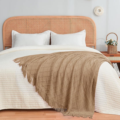 inhand Knitted Throw Blankets for Couch and Bed, Soft Cozy Knit Blanket with Tassel, Khaki Lightweight Decorative Blankets and Throws, Farmhouse Warm Woven Blanket for Men and Women, 50"x60"