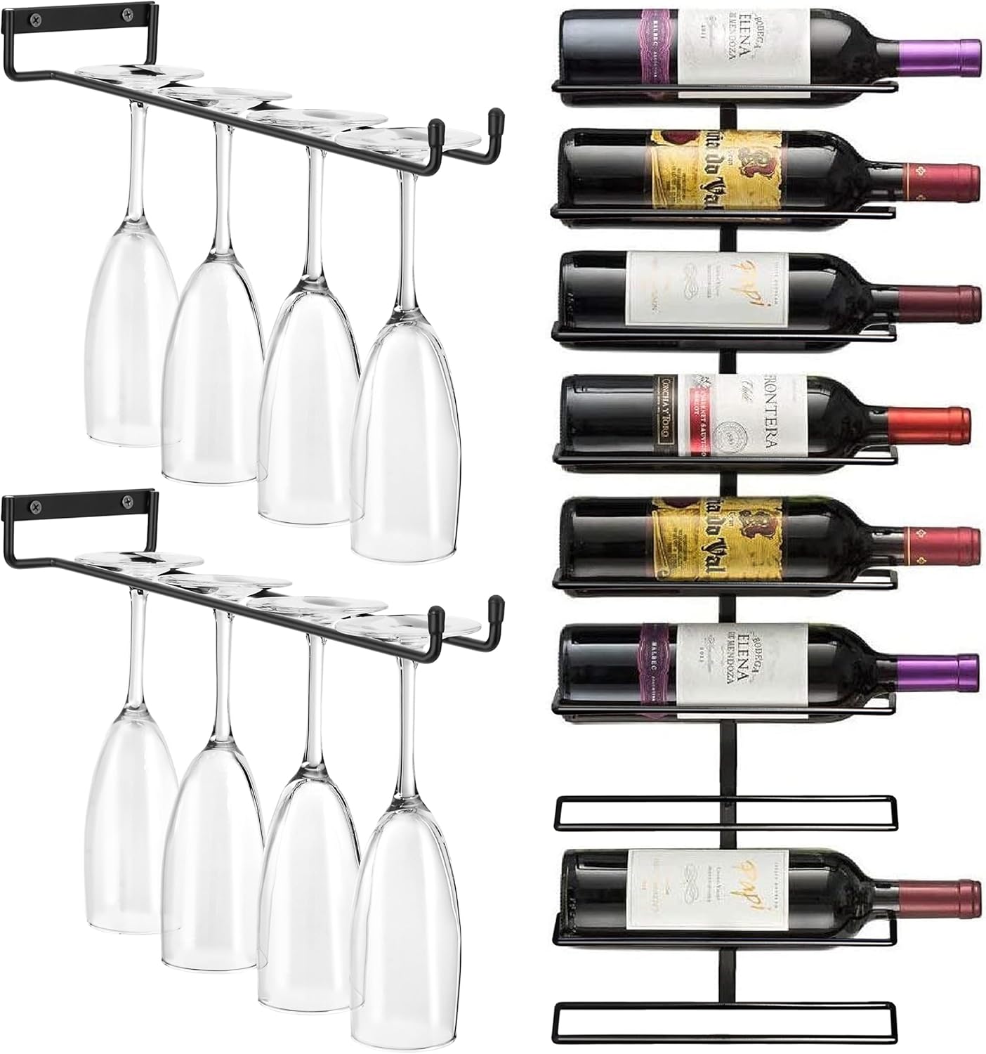 Sorbus Wall Mount Wine Rack + Under Cabinet Wine Glass Holder Set - Wine Rack Wall Mounted for Wine Bottles, Champagne, and Wine Glasses - Complete Your Home Bar & Wine Kitchen Storage, 1 Pack