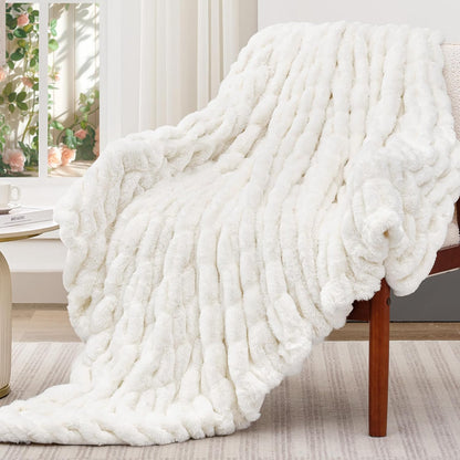 Touchat Ruched Faux Rabbit Fur Blanket, 700 GSM Luxury Dual-Sided Soft Cozy Blanket, Fuzzy Fluffy Plush Throw for Bed, Couch and Sofa - 60"x80", Cream White