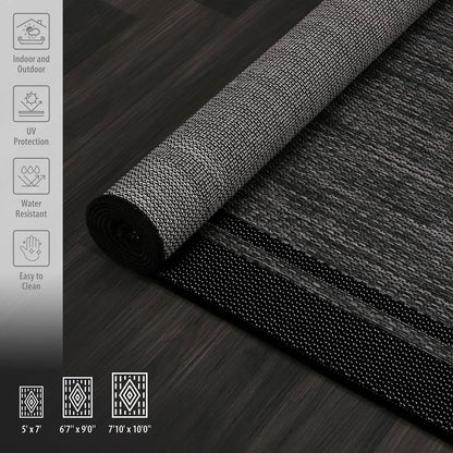 CAMILSON Indoor Outdoor Rug, 5x7 Bordered Dark Grey Black Modern Area Rugs for Indoor and Outdoor Patios, Kitchen and Hallway Mats, Washable Porch Deck Outside Carpet (Bordered Black, 5 x 7)