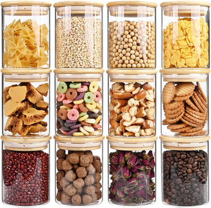 17oz Glass Food Storage Jars, Glass Jars with Bamboo Lids, Kitchen Storage Jars, Set of 12, Canisters with Airtight Lids for Spice, Coffee, Cookie, Pantry Organizers