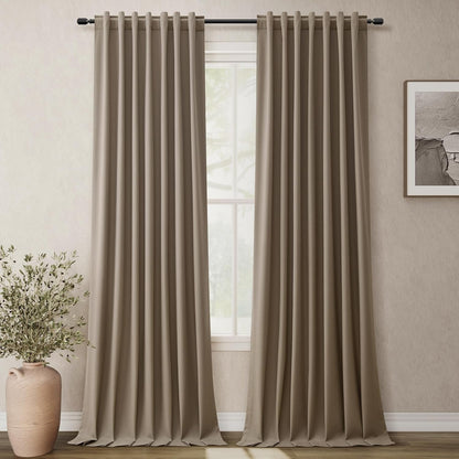 BOODII Full Blackout Curtains 90 Inches Long Room Darkening Curtain for Bedroom Sliding Door Thermal Insulated Black Out Curtains & Drapes Dark Brown Neutral Linen 2 Panels Set Back Tab 52x90