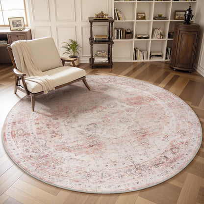 AMOAMI 6FT Round Vintage Soft Pink Rug - Non Slip Circle Machine Washable Rug for Living Room, Bedroom, Office Under Table