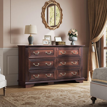 WLIVE Wood Dresser for Bedroom with 6 Drawer, 51.97'' Wide, Farmhouse Long Storage Dresser Organizer with Roman Metal Handle, TV Stand for 60 inch TV, Chest of Drawers for Living Room, Hallway, Brown