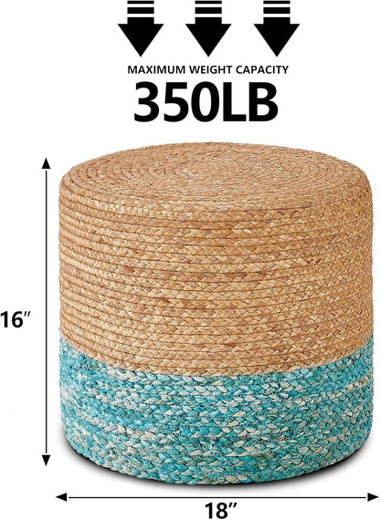 Wimarsbon 18'' Ottoman Pouf, Natural Braided Poof, Rustic Handweave Lounge Pouffe, Boho Footrest Stool for Bedroom, Accent Table for Living Room (Natural Water Hyacinth + Lake Blue Corn Husk)