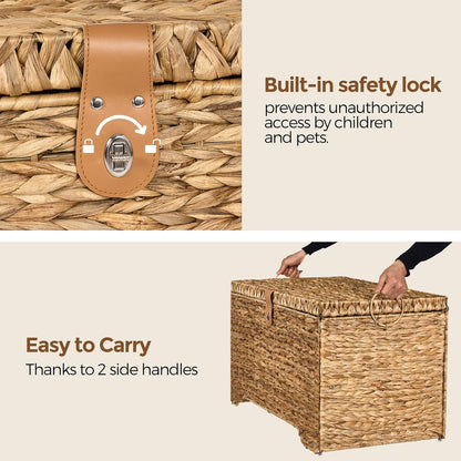 Handwoven Storage Basket with Lid, 165L Wicker Storage Bin, Natural Water Hyacinth, Leather Buckle & Metal Frame, Metal Ring Handles for Easy Transport, Storage Chest & Trunk for Bedroom, Living Room
