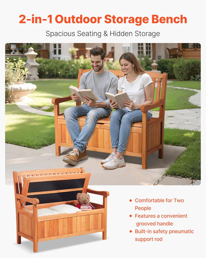 VEVOR Outdoor Storage Bench, 2-Person Wooden Storage Bench, 33 Gallons Deck Box with Side Handle, Supports up to 705 lbs, Weatherproof Outdoor Seating & Porch Decor, for Patio Garden Balcony Yard