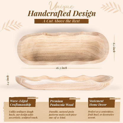Wavy Edge Wooden Dough Bowl for Decor 16"L Lightweight Paulownia Wood Hand Carved Decorative Wooden Farmhouse Fruit Bowl Handmade, Home Decoration Centerpiece, Table Display Bowl