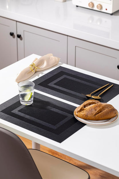 LEXMORE Placemats Set of 4 Vinyl/Plastic Woven Place Mats for Kitchen Table Indoor/Outdoor Washable Placemat Wipeable Dining Table Mats(Black Cube)