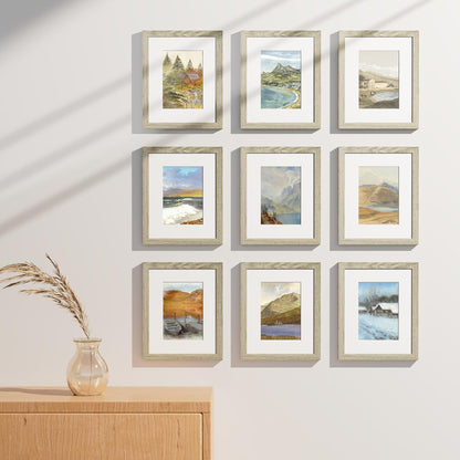 Vittanly 8x10 Picture Frames Set of 9, Shatter Resistant Plexiglass, Display 5x7 Pictures with Mat or 8x10 without Mat, Photo Frames for Wall or Tabletop, Engineered Wood, Driftwood