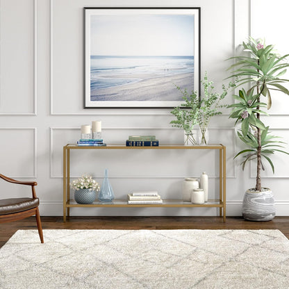 Henn&Hart 64" Wide Rectangular Console Table with Glass Shelf in Brushed Brass, Entryway Table, Accent Table for Living Room, Hallway