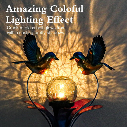 VCUTEKA Solar Lights Outdoor Metal Garden Stake Waterproof Crackle Glass Globe Garden Decor Blue Jay Bird for Pathway, Lawn, Patio, Yard