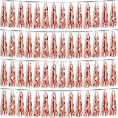 4P Rose Gold Foil Fringe Metallic Tassel Streamers Banner Tassel Garland for Parade Floats, Bachelorette, Wedding, Birthday, Halloween, Christmas, Bridal/Baby Shower Party Decorations