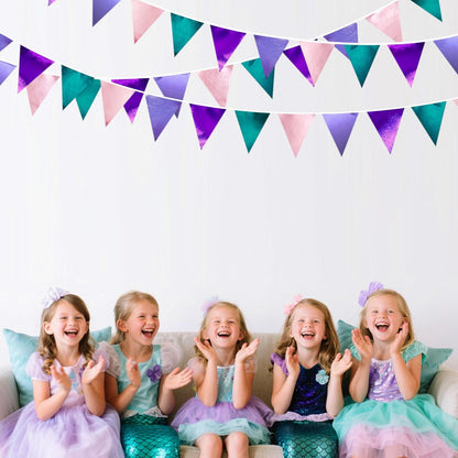 Mermaid Party Decorations Purple Pink and Teal Aqua Metallic Fabric Triangle Pennant Banner Flag Bunting Garland for Mermaid Under the Sea Birthday Wedding Baby Shower Engagement Party Supplies