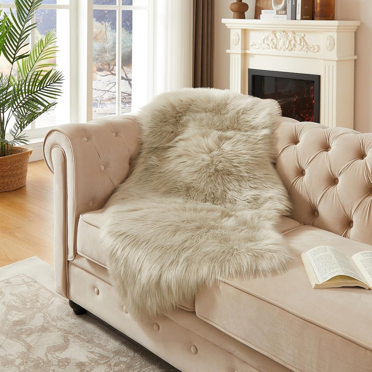 AMTOVO Faux Fur Rug, Beige Area Rug, Fluffy Sheepskin Rug, Fuzzy Ultra Soft 2 x 4 ft Shag Rugs for Bedroom Sofa Throw Cushion Room Decor, Sheepskin