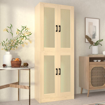 Oak Rattan Kitchen Pantry, 71" Tall Storage Cabinet with Doors, Boho Hutch for Dining Room