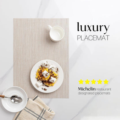 LEXMORE Placemats Set of 12 Vinyl/Plastic Woven Place Mats for Kitchen Table Indoor/Outdoor Washable Placemat Wipeable Dining Table Mats(A-Beige White)