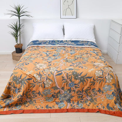 Snycler Boho Throw Blanket for Bed - 100% Cotton Ultra Soft Rustic Quilt Blanket Orange Bird Floral Printed Farmhouse Decor Bed Blankets, 60"×80" All Season Rustic Throw for Sofa Couch Chair