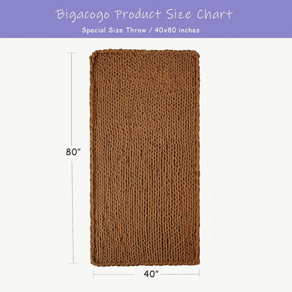 Bigacogo Chunky Knit Throw Blanket for Couch, 40x80 inches, 100% Hand Knitted with Thick Jumbo Chenille Yarn, Cozy Soft Large Rope Knot Cable Crochet Blankets for Sofa Bed Living Room, Caramel