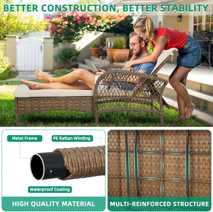 VIVIJASON Outdoor Wicker Chaise Lounge Chair, All-Weather PE Rattan Cushioned Patio Lounger Chair, 6-Position Adjustable Pool Sunbathing Recliner with Armrest & Pillow for Poolside Deck Yard, Beige