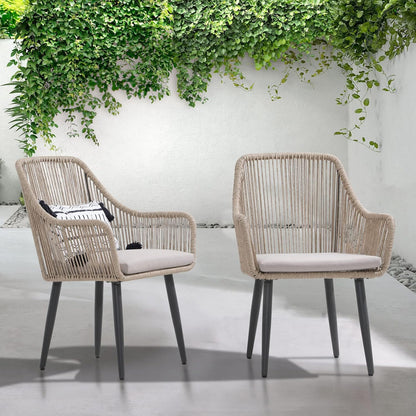 Patiorama Outdoor Dining Chairs, Patio Dining Chair Set of 2, All-Weather Woven Rope Rattan Chairs, Outdoor Dining Wicker Chairs with Armrests for Indoor Balcony Pool Backyard(Tan)