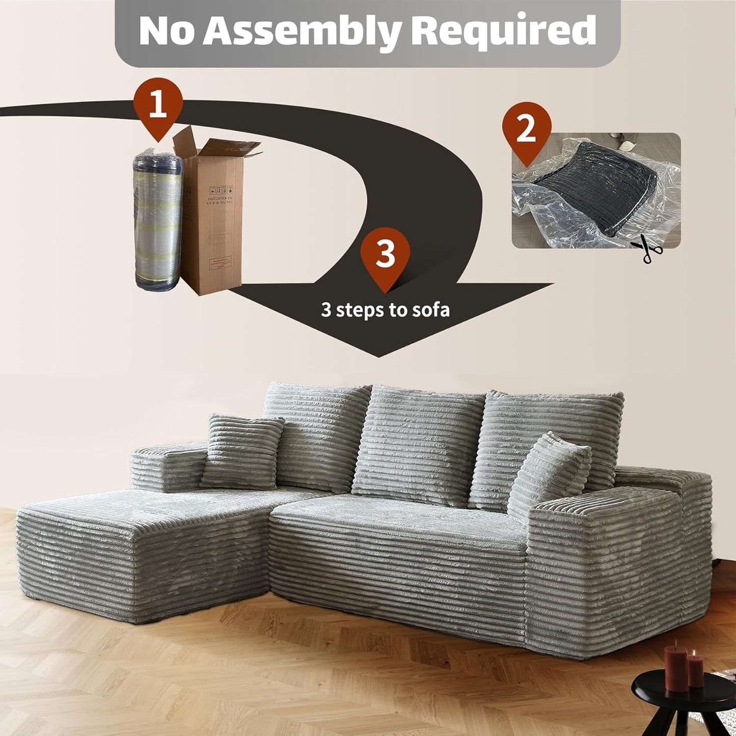 HYJT-H&K Modular Sectional Sofa Cloud Couch, 107" Comfy L Shaped Sectional Couches for Living Room, Deep Seat Memory Foam Plush Fluffy Corduroy Boneless Couch Sectionals Left Facing Sofa Chaise Grey