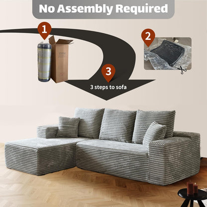 HYJT-H&K Modular Sectional Sofa Cloud Couch, 107" Comfy L Shaped Sectional Couches for Living Room, Deep Seat Memory Foam Plush Fluffy Corduroy Boneless Couch Sectionals Left Facing Sofa Chaise Grey
