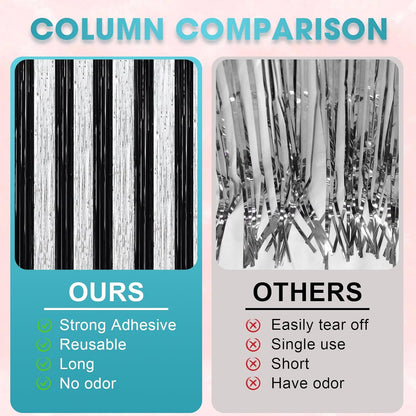 3 Pack 3.3 x 8.2 ft Black and Silver Foil Fringe Backdrop Curtains, Tinsel Streamers Party Decorations, Fringe Backdrop