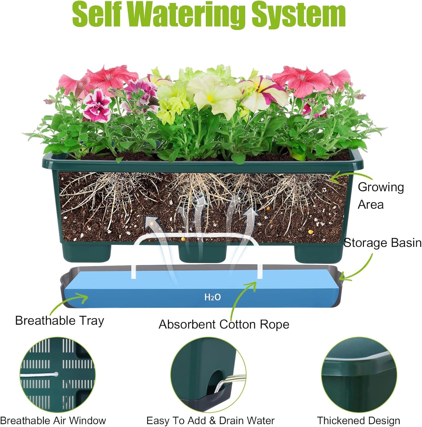 Window Box Planter 8 Pcs, 17 Inches Rectangle Flower Pots with Drainage Holes and Trays, Vegetable Planters for Windowsill Patio Garden Balcony Home Porch Yard Indoor Outdoor (Dark Green)