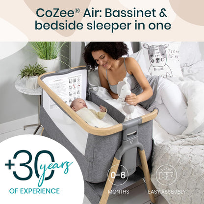 CoZee® Air Baby Bassinet & Bedside Sleeper - Rocking Bassinet for Baby, Fast-Folding with Travel Bag, Deluxe Airflow Mattress & 6 Mattress Heights, 0-6 Months (Oak & Charcoal)