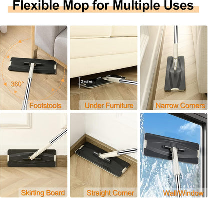 Jelymark Flat Mop and Bucket with Wringer Set, Separates Dirty and Clean Water, 3-Chamber Mop Wet and Dry Use, Not-Hands Squeeze Mops for Floor Cleaning, 4 Reusable Microfiber Mop Pads Included