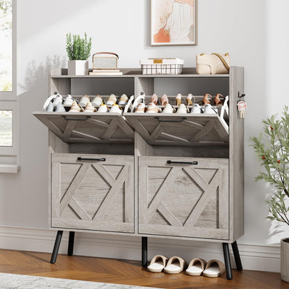 Nicetree Shoe Cabinet with 4 Flip Drawers, Freestanding Shoe Organizer Cabinet, Farmhouse Narrow