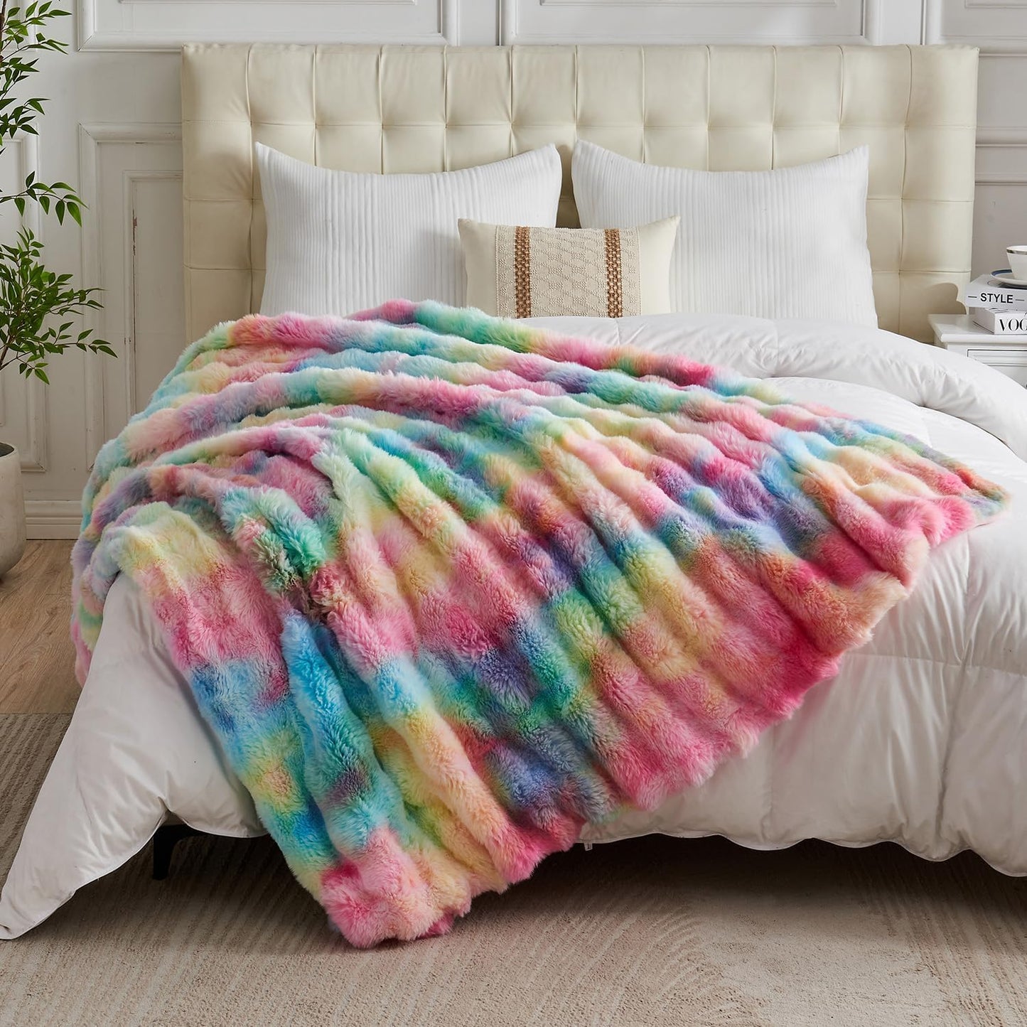 Lotus Karen Faux Fur Throw Blanket Rainbow - Big Bubble Rabbit Fluff Blanket for Couch, Small Fluffy Fuzzy Cozy Blanket, Thick Furry Plush Shaggy Blankets, 50x60 Inches