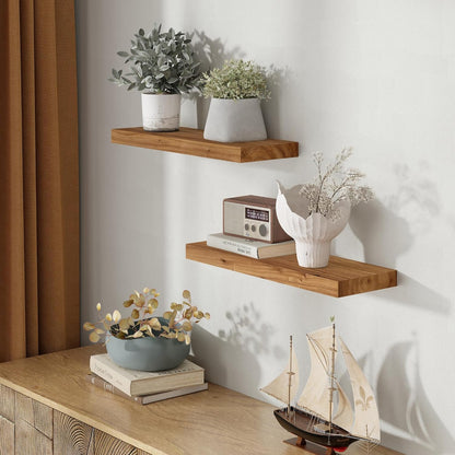 Wood Floating Shelves for Wall, 24" Floating Shelves Wall Mounted, Rustic Old Elm Wood Shelf for Home Decor, Heavy-Duty Storage Shelves for Books, Bathroom, Kitchen, Natural Color, Set of 2