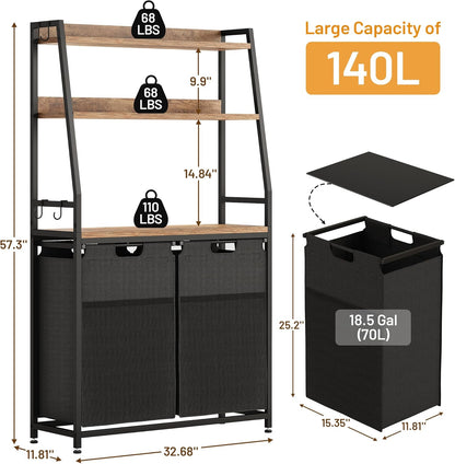 Lulive Double Laundry Hamper with Shelf, Laundry Basket with 3 Tier Storage Shelves & 4 Removable Hooks, Tall Laundry Sorter Clothes Hamper with Pull-Out Bags for Bathroom, Laundry Room