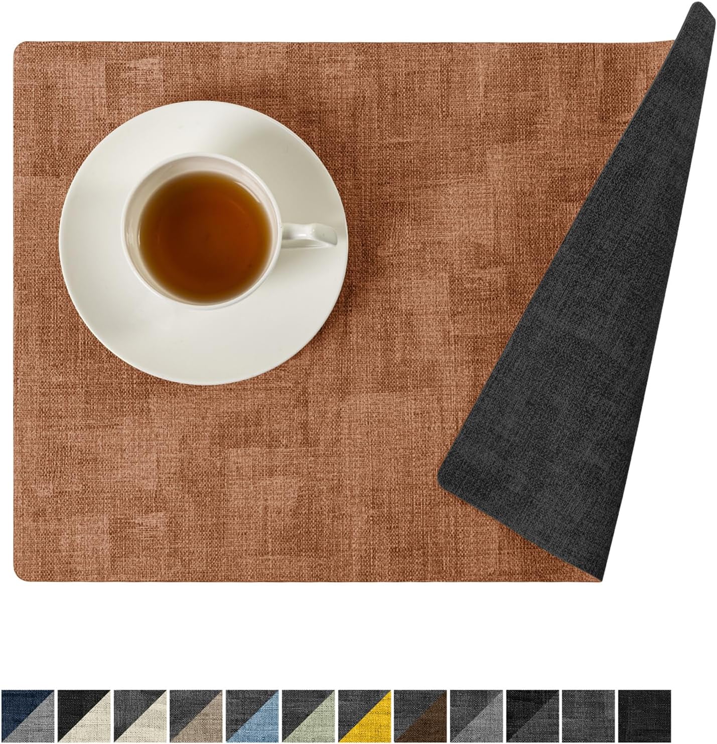Romanstile Reversible Vinyl Placemats Set of 6, Faux Leather 100% Waterproof Oil-Proof Wipeable Place Mats, Heat Resistant Dual Sided Table Mats for Kitchen/Dining/Party (Grey Orange, 12 x 17 Inch)