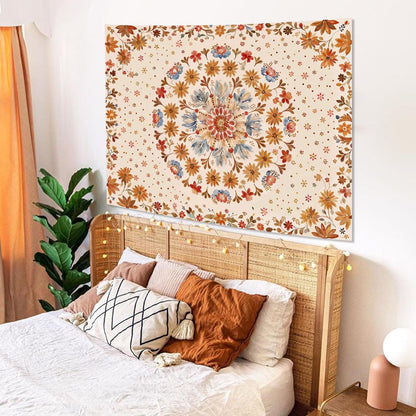 Fowocu Boho Floral Mandala Tapestry Wall Hanging Watercolor Bohemian Flower Medallion Tapestry Aesthetic Beige Orange Hippie Indian Small Tapestries for Bedroom Living Room Dorm Decor 48 x 36 Inch